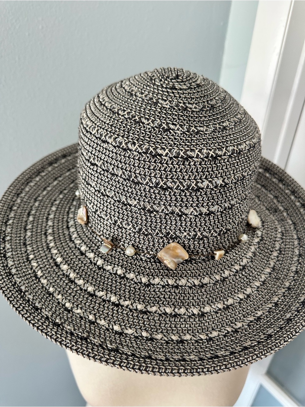 Women’s Black and Cream Braided Straw Sun Hat with Shell Trim